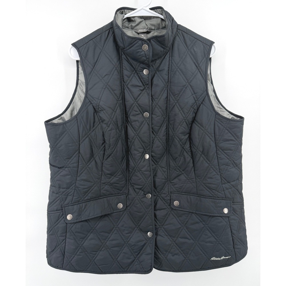 Eddie Bauer Quilted Puffer Vest Black Diamond Snap Front Outdoor Preppy Women 1X
